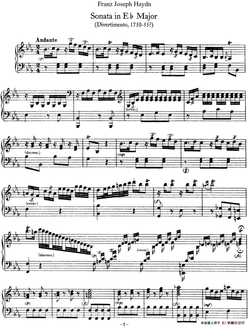 《海顿 钢琴奏鸣曲 Hob XVI 16 Divertimento Eb major》钢琴曲谱图分享