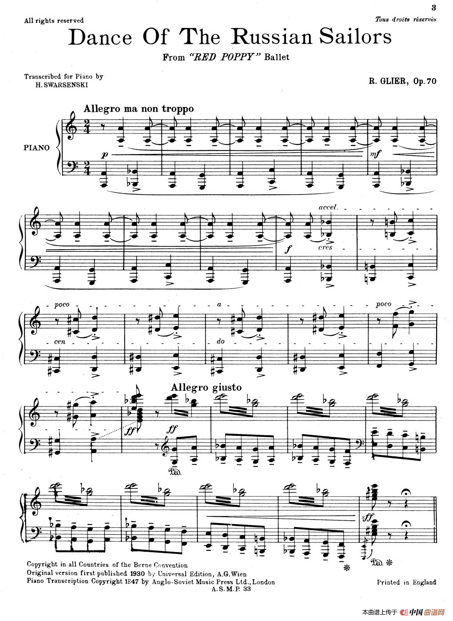 《Gliere - Swarsenki - Danza De Los Marineros Rusos Op.70》钢琴曲谱图分享