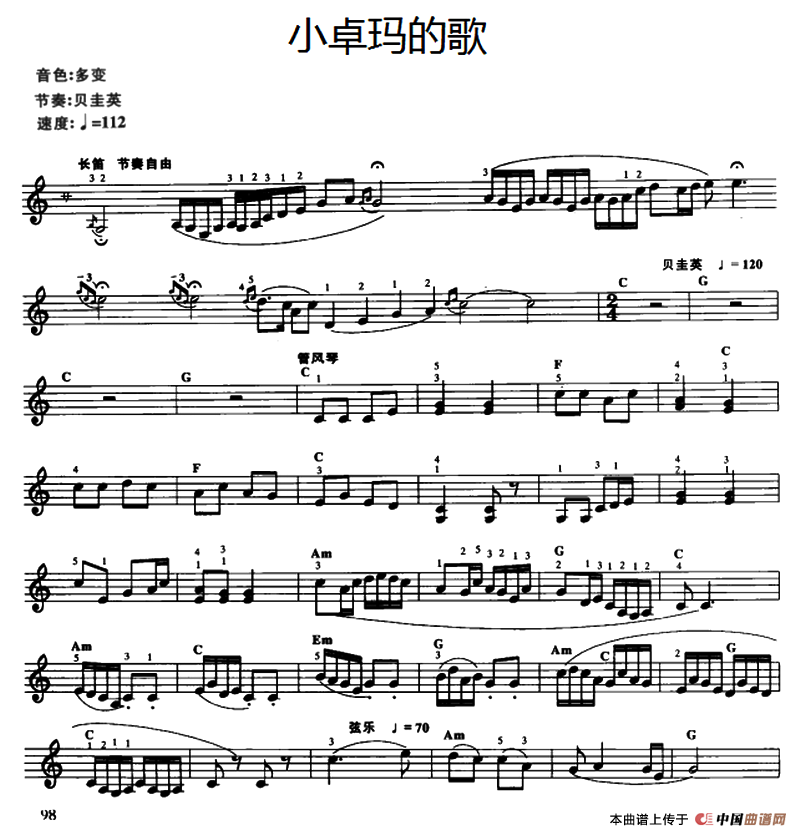 《小卓玛的歌》 电子琴曲谱，电子琴入门自学曲谱图