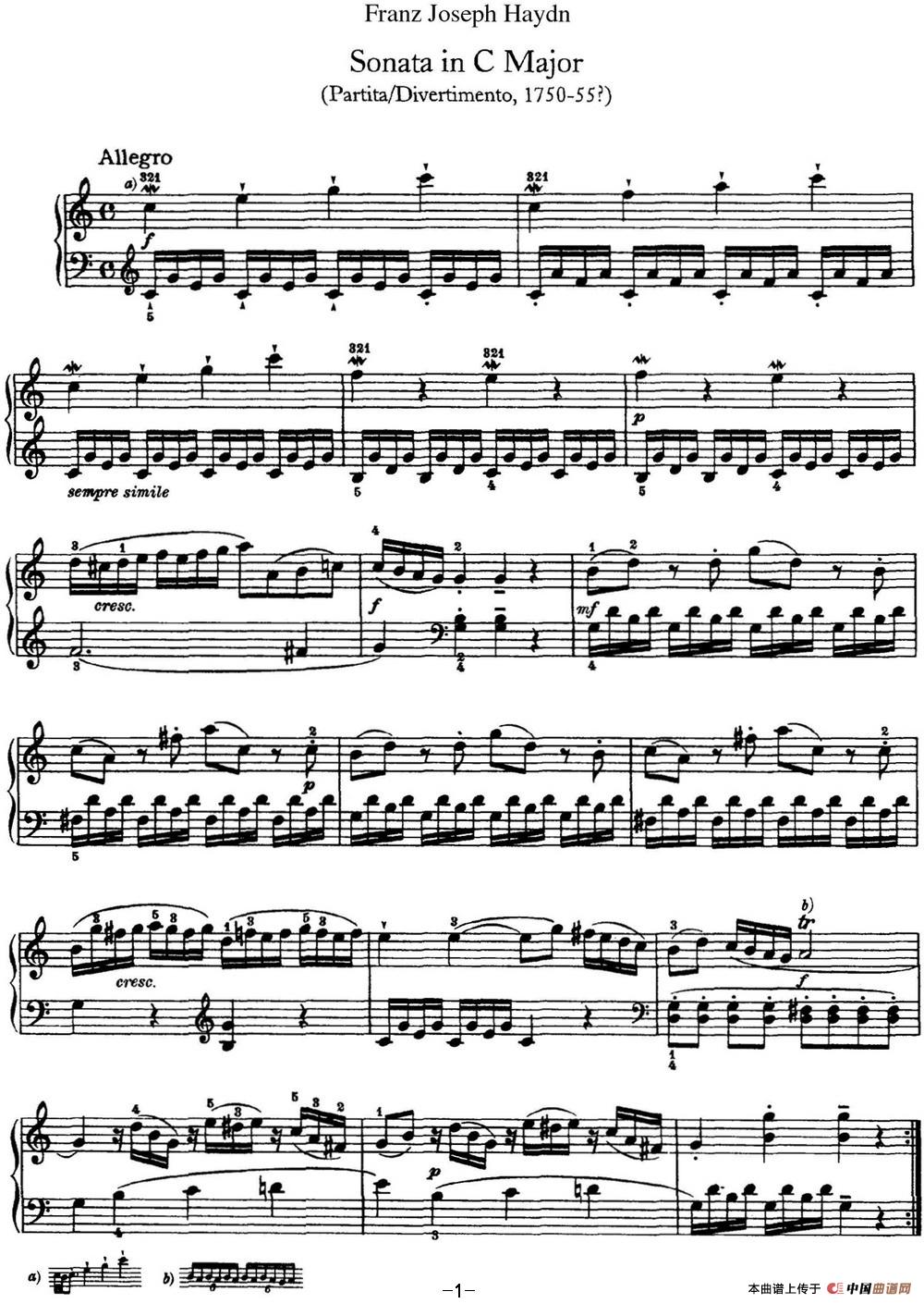 《海顿 钢琴奏鸣曲 Hob XVI 1 Divertimento C major》钢琴曲谱图分享