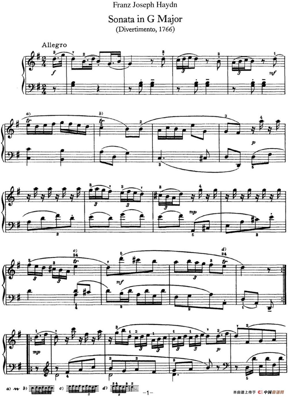 《海顿 钢琴奏鸣曲 Hob XVI 8 Divertimento G major》钢琴曲谱图分享