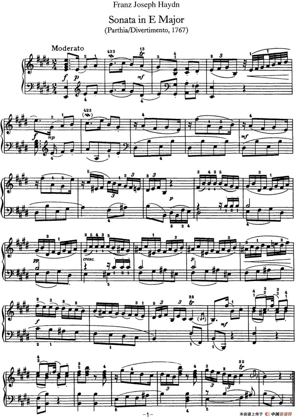 《海顿 钢琴奏鸣曲 Hob XVI 13 Partita E major》钢琴曲谱图分享