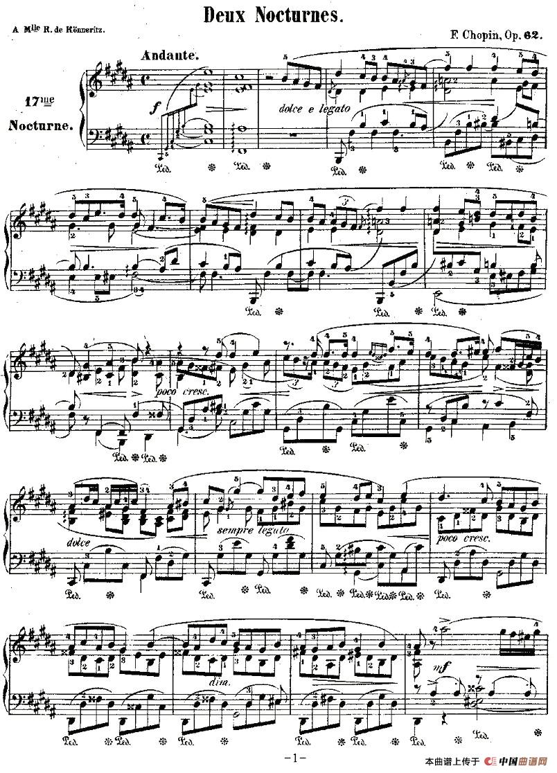 《B大调夜曲Op.62－1》钢琴曲谱图分享