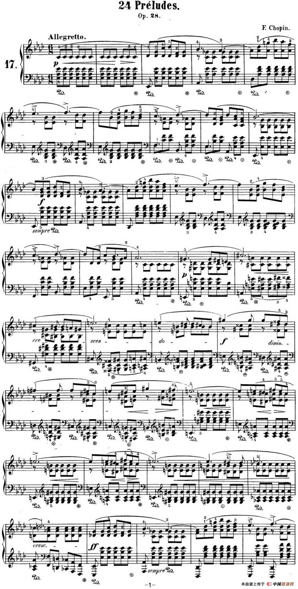 《肖邦 24首钢琴前奏曲 Op.28 No.17 降A大调》钢琴曲谱图分享